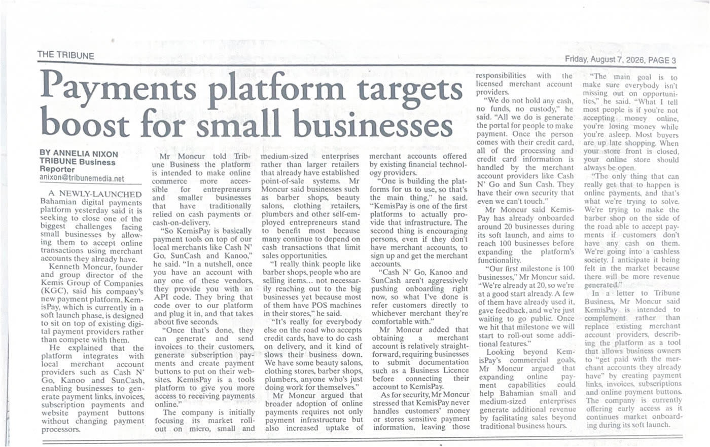 The Tribune clipping on the KemisPay launch